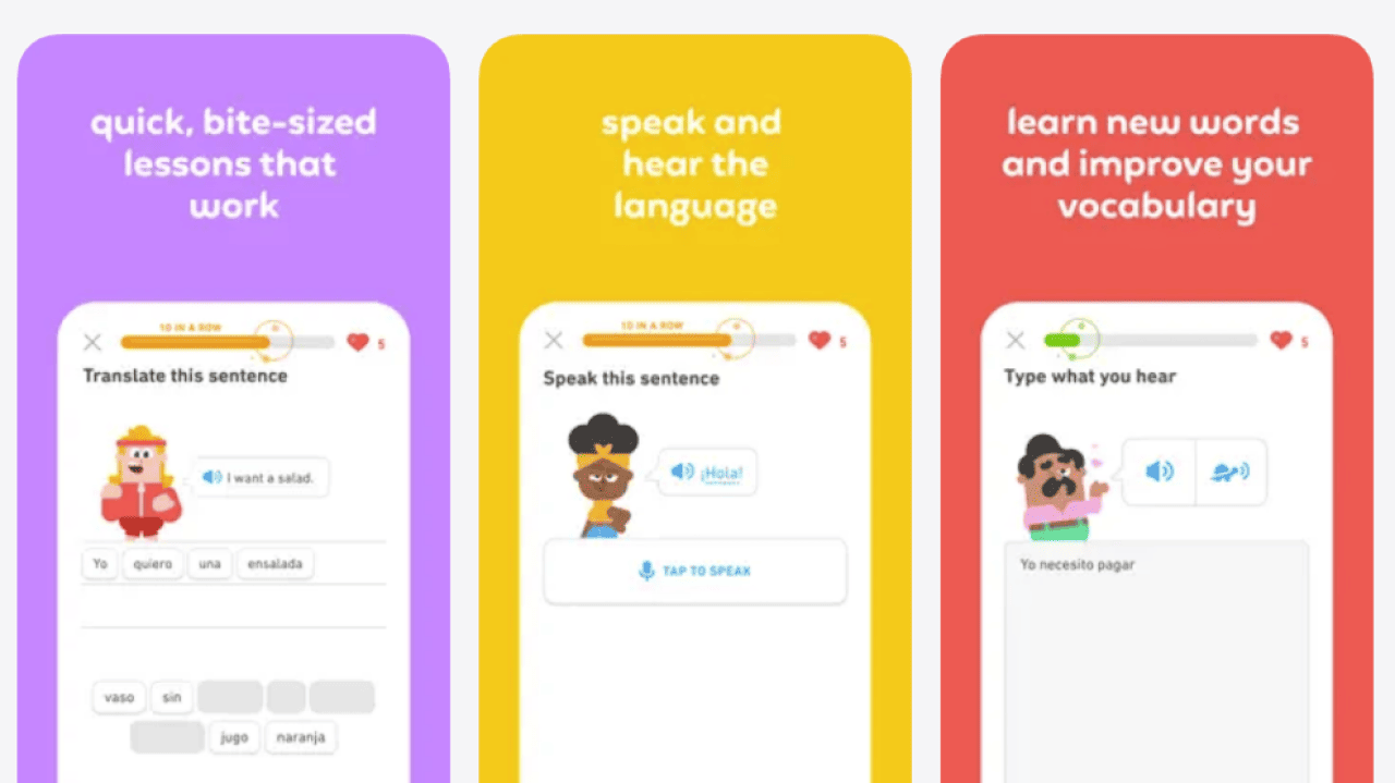 Three screenshots showing the interface of the Duolingo app.