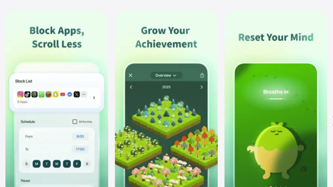 Three screenshots showing the interface of the Forest app.
