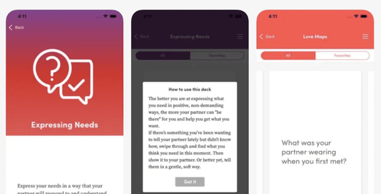 Three screenshots showing the interface of the Gottman Card Deck app.