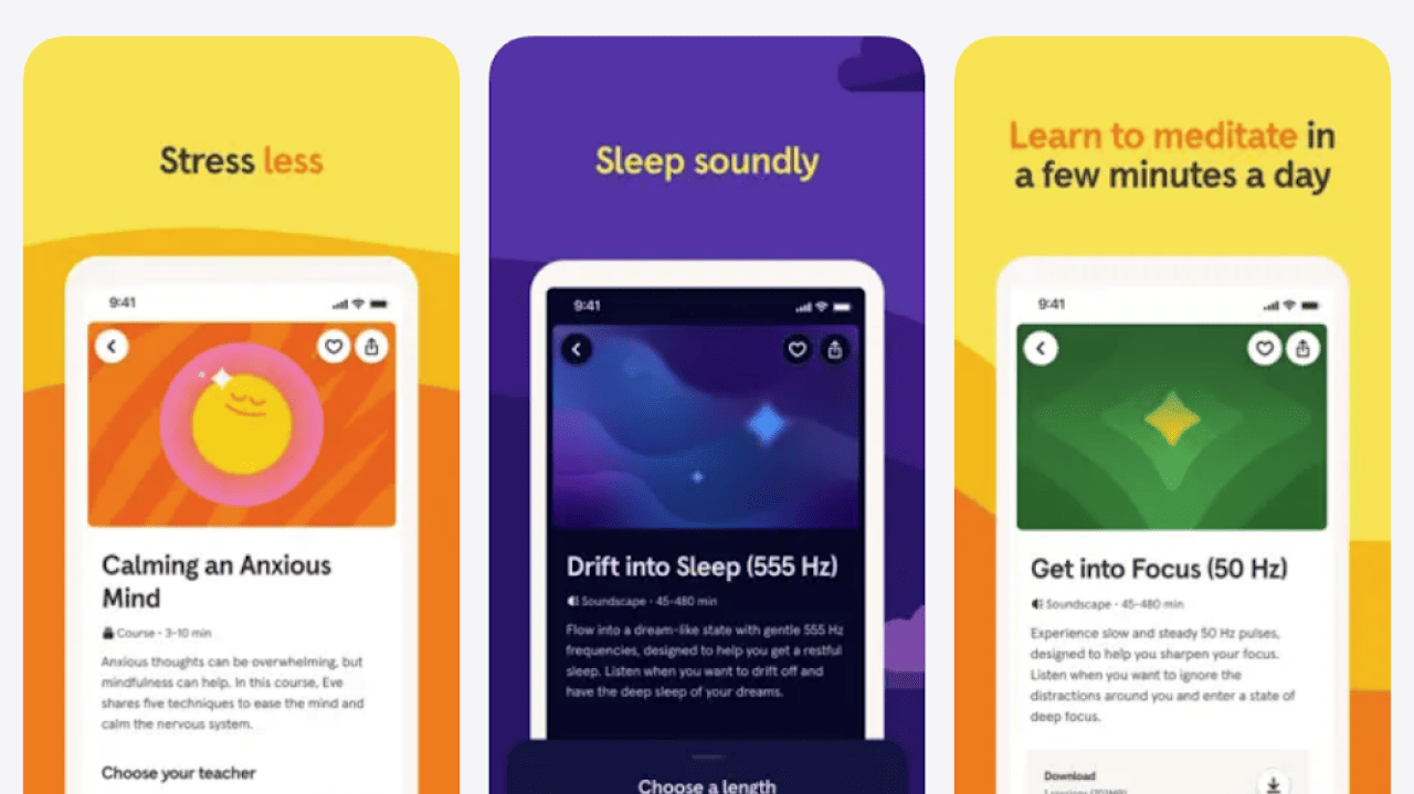 Three screenshots showing the interface of the Headspace app.