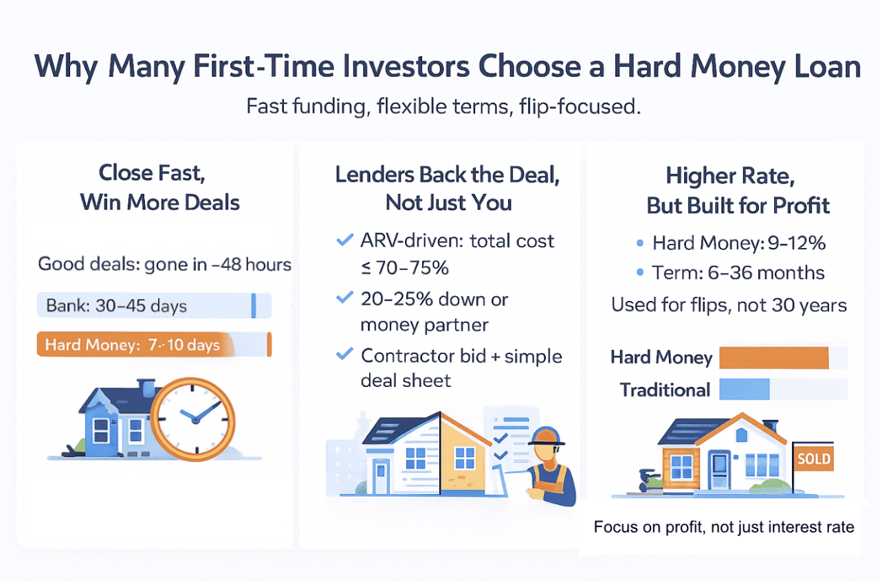 An infographic on why many first-time investors choose a hard money loan.