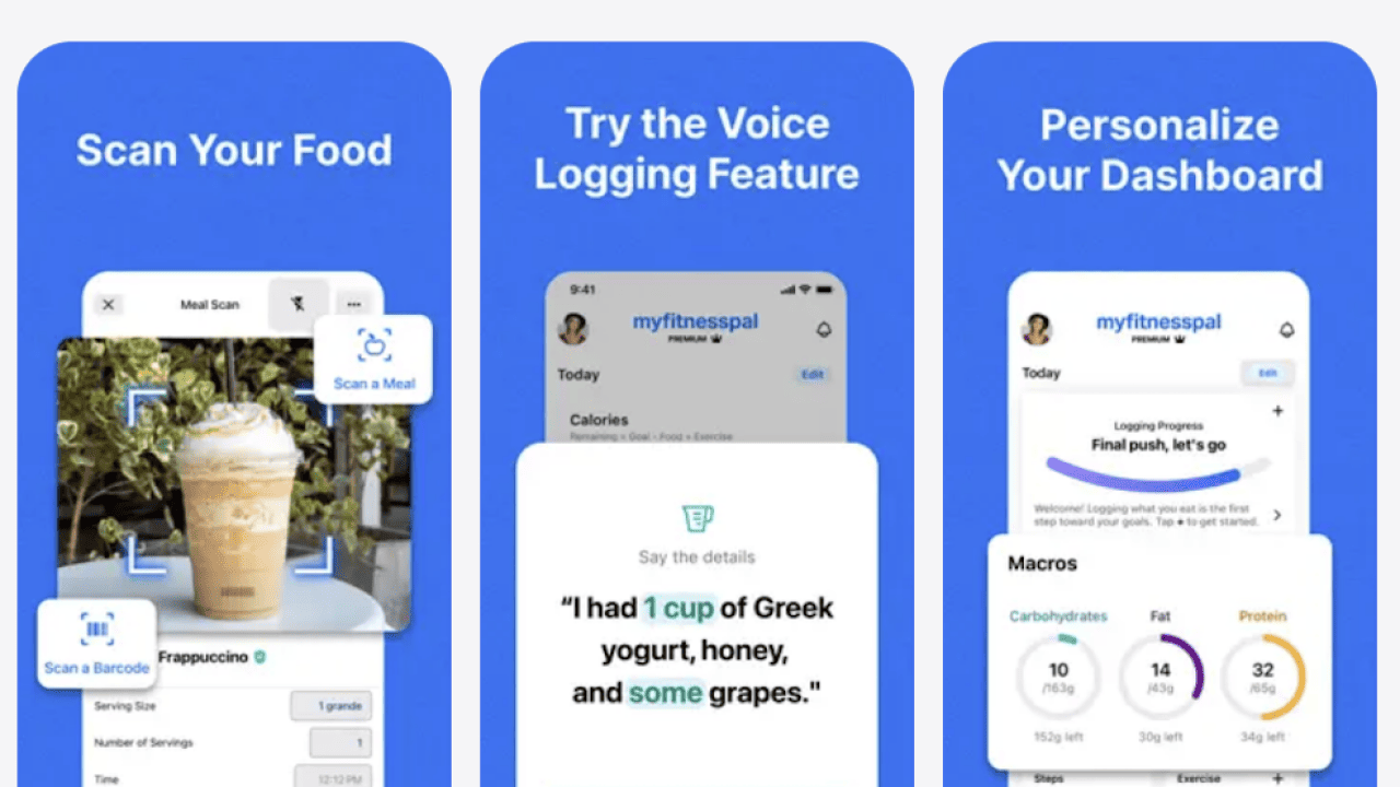Three screenshots showing the interface of the MyFitnessPal app.