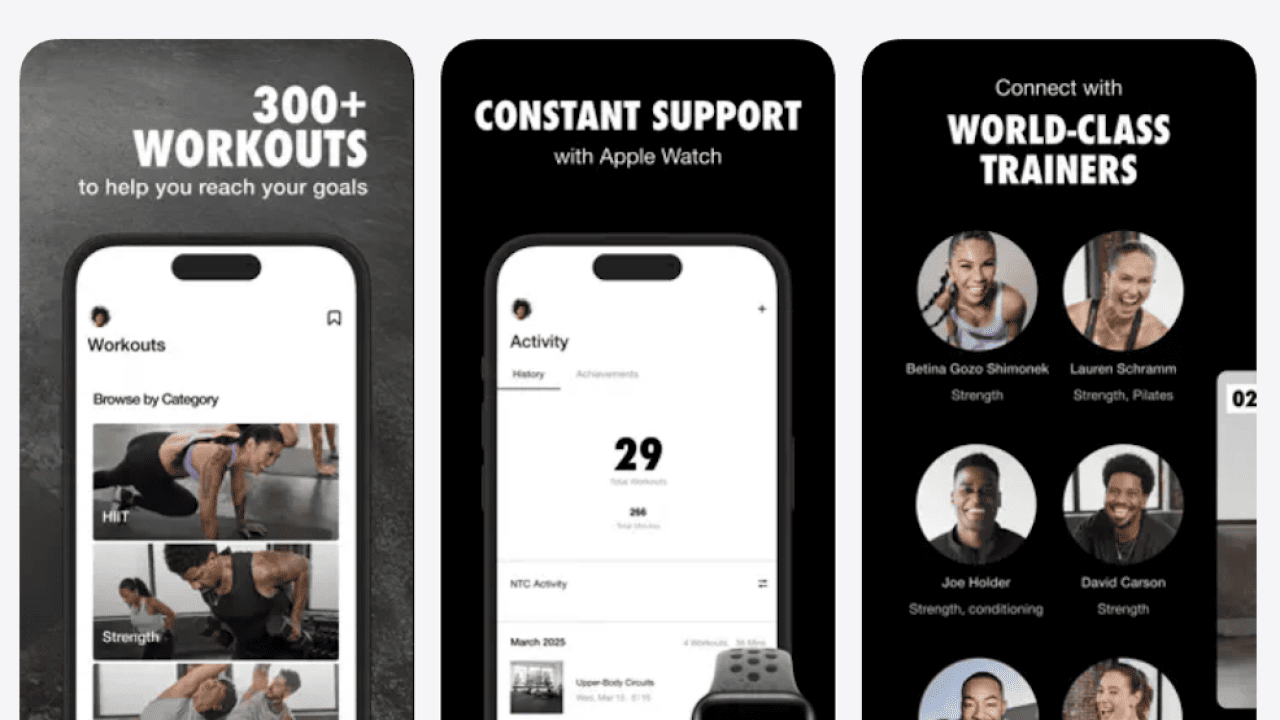 Three screenshots showing the interface of the NTC or Nike Training Club app.