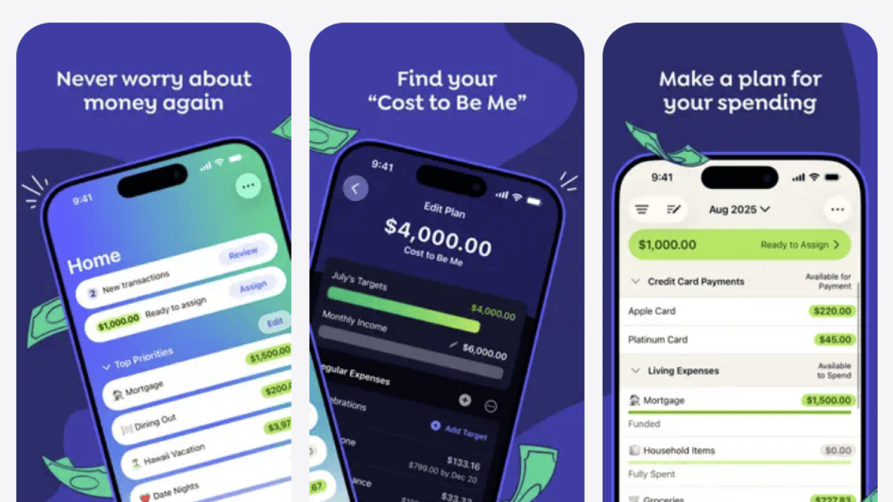 Three screenshots showing the interface of the You Need a Budget or YNAB app.