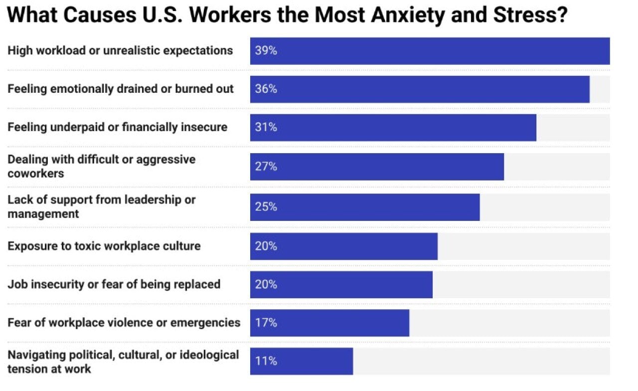 A data bar chart showing the top causes of anxiety and stress among US workers.