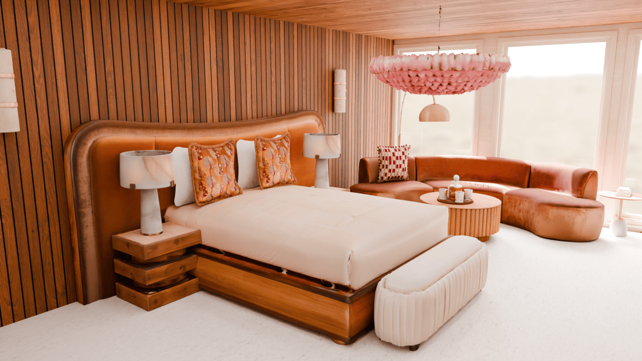 Interior of a bedroom inspired by the TV show, Mad Men, as designed by Honeybee Interiors.