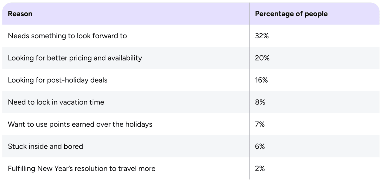 Table listing the top reasons why people like to plan early in the year.
