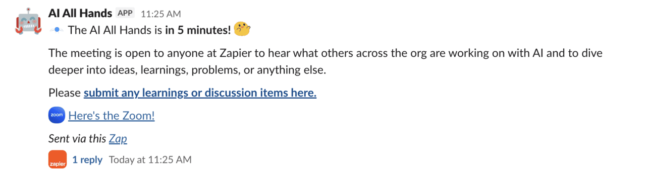 A sample of AI assistant prompting alert for an all-hands meeting in a Slack channel.
