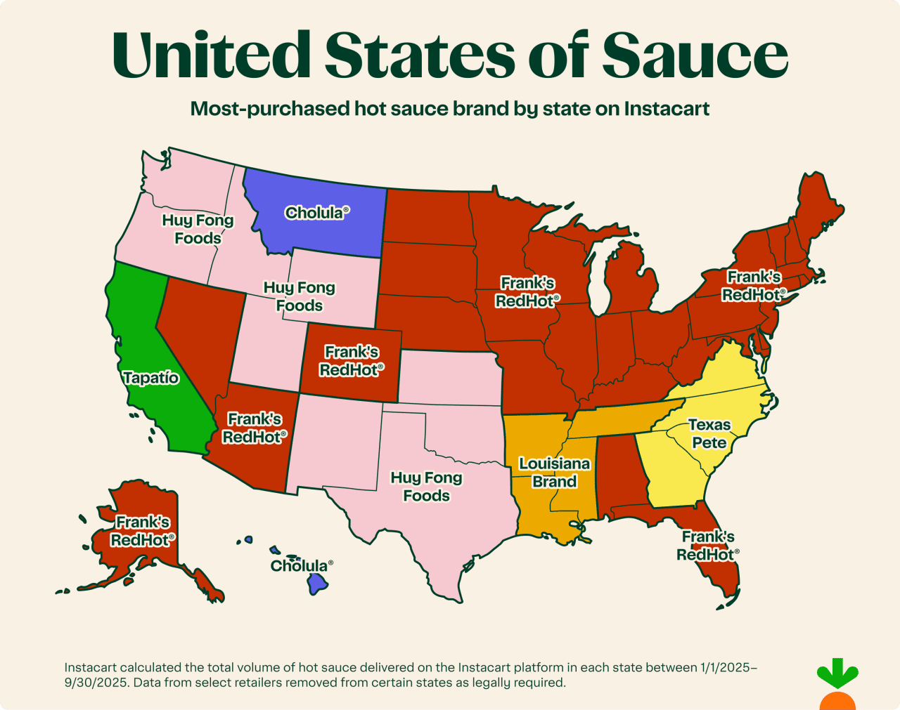 A data map graphic of the US showing the most-purchased hot sauce brand by state on Instacart.
