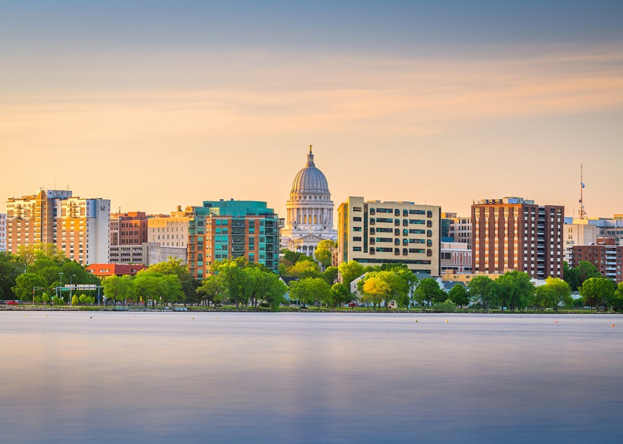 A view of Lake Monona and Madison's skyline in Wisconsin.
