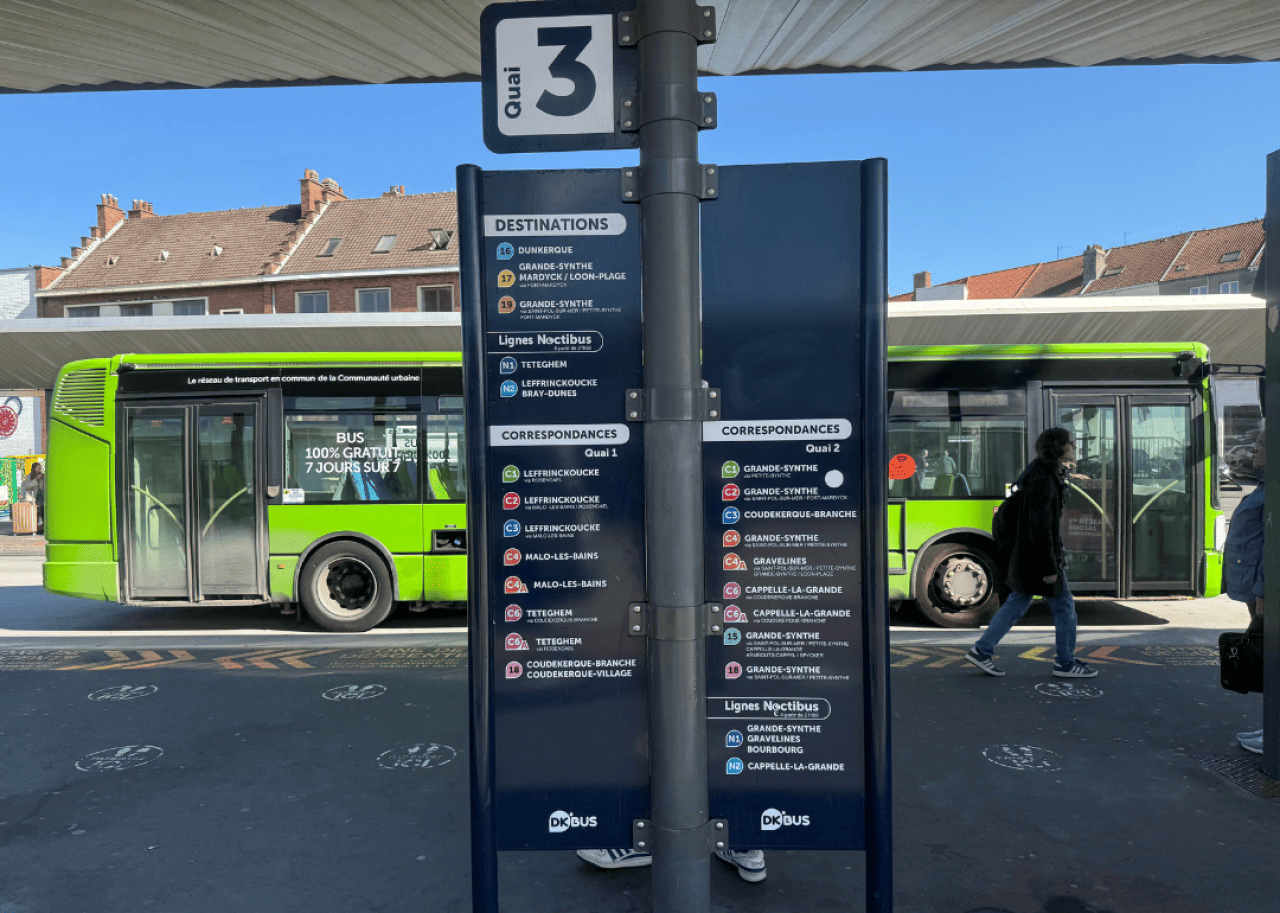 Signage showing the stops for the bus in Dunkirk, France, where the city has a scheduled arrival every 10 minutes and smartphone applications allow passengers to track where and how full their bus is.