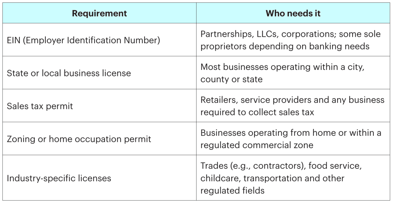 A table listing basic business registration requirements and which groups need it.