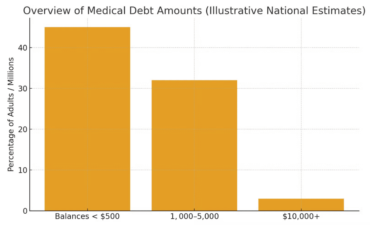 A data bar chart showing percentage of medical debt amounts (illustrative national estimates).