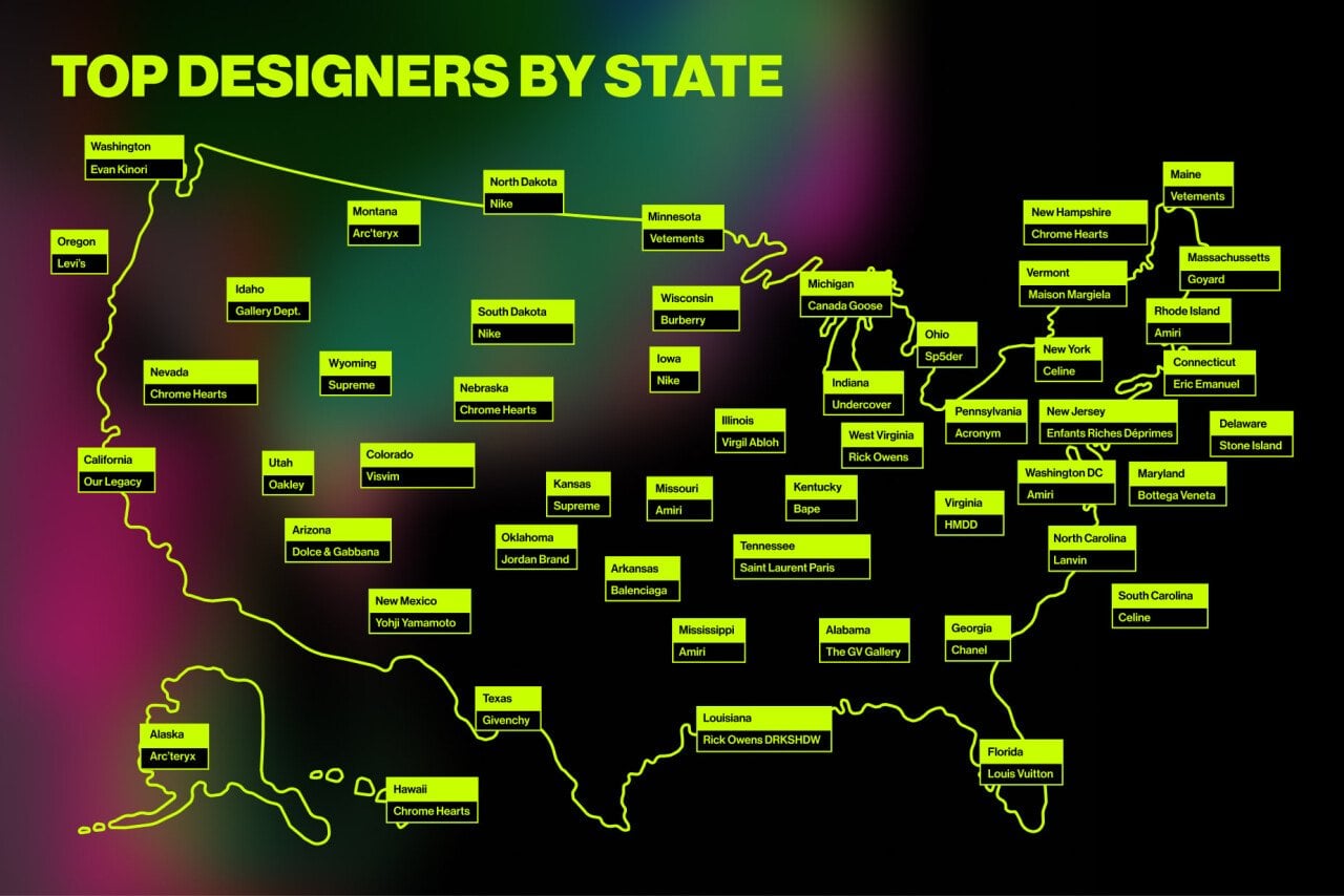 A graphic of the US map showing the top designers by state.