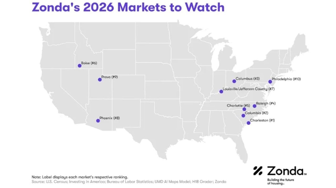 A data map graphic of the US showing where Zonda's 2026 top markets to watch are.
