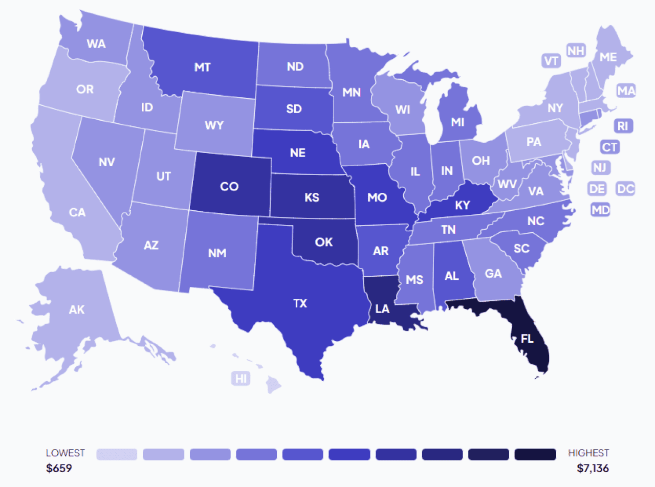 A data map of the US showing where the lowest and highest rates are across all states.
