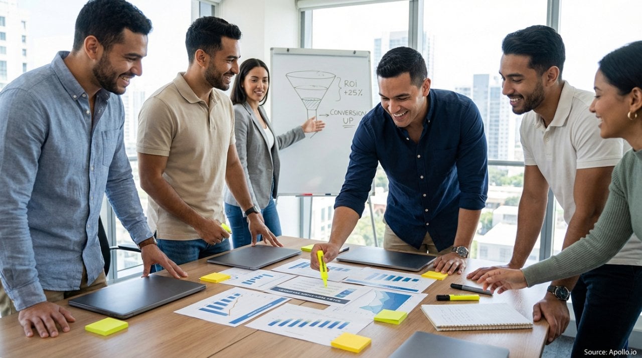 Sales professionals discussing strategy around a conference table in a sales team meeting.