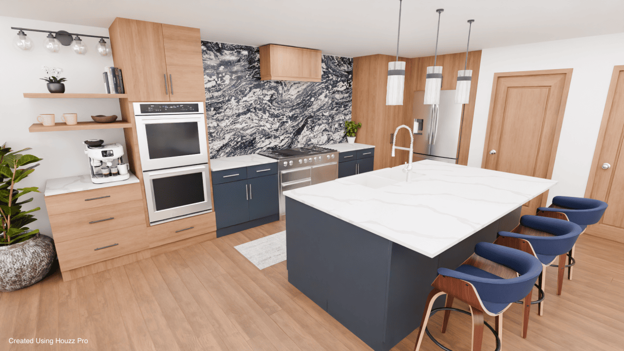 Rendering of kitchen designed with wooden cabinents, marbled backsplash behind the range, stone countertop on the center island which has three high bar chairs with blue upholstery.