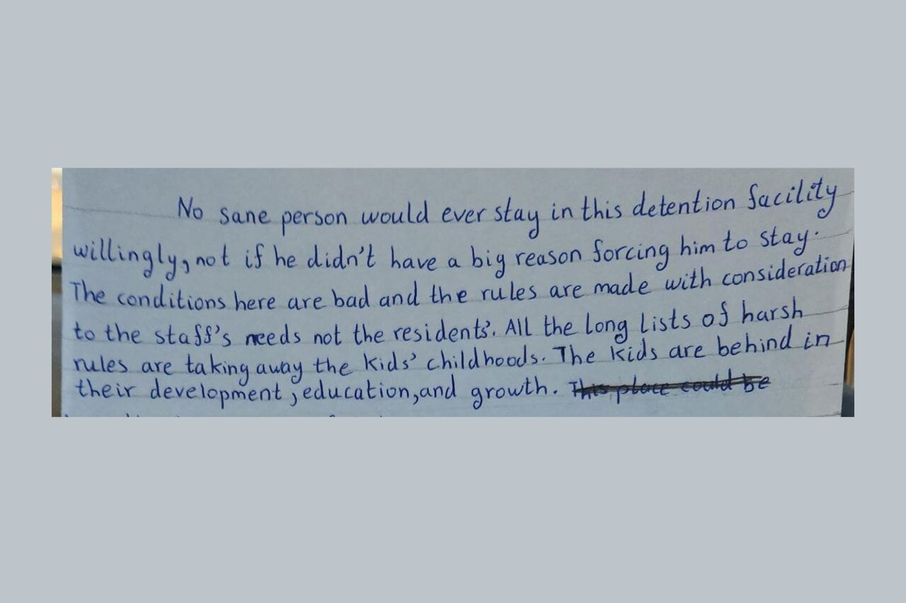Excerpts from a handwritten statement by Habiba Soliman, the eldest of Hayam El-Gamal's five children. El-Gamal and her children, ages 5 to 18, have been locked inside Dilley for eight months.