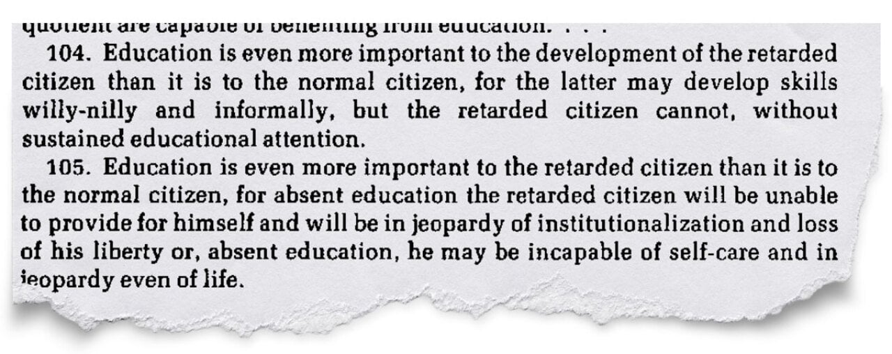Graphic showing text from PARC v. Commonwealth of Pennsylvania arguing for the education of all children including those with disabilities. 