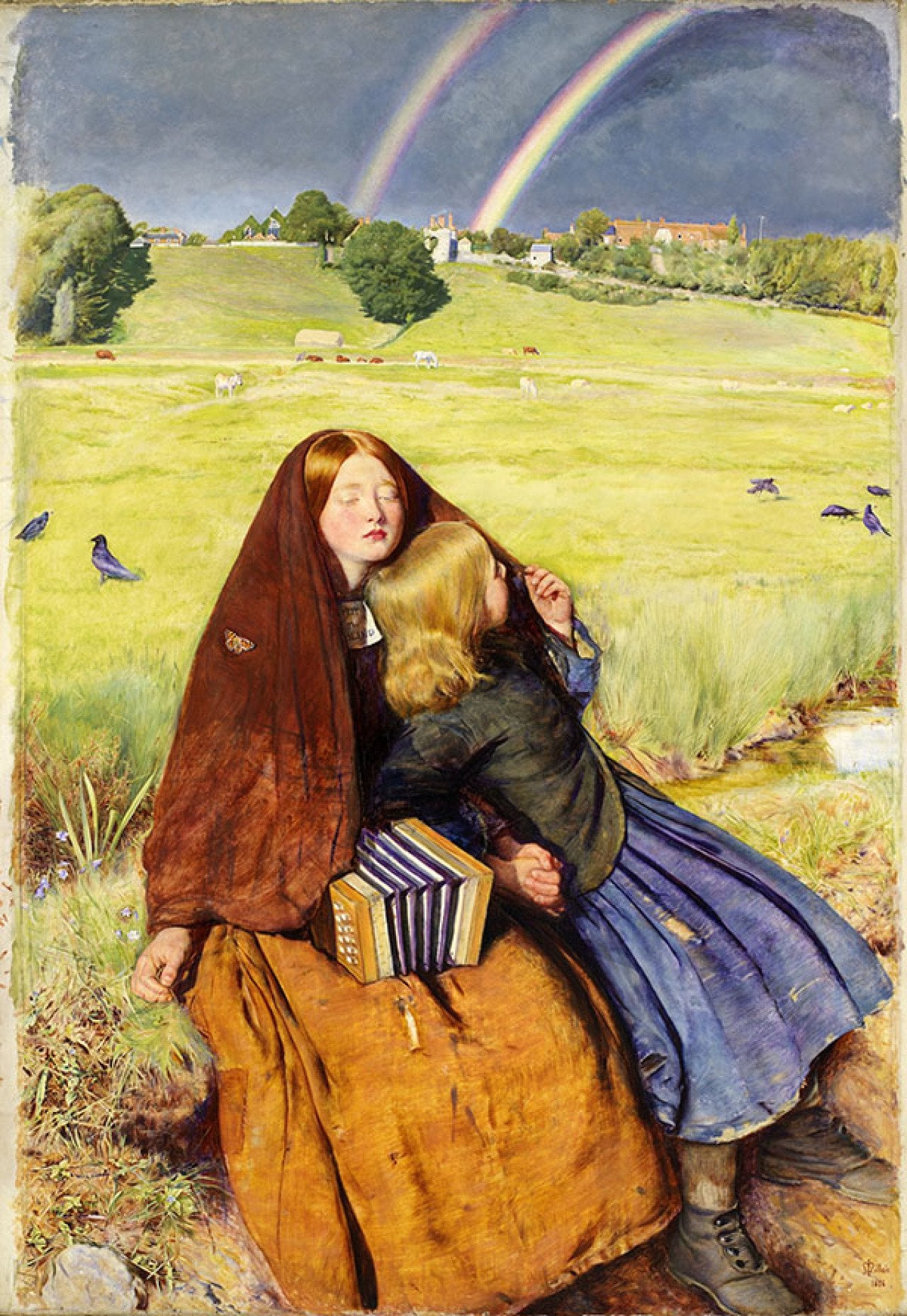 Painting of a blind girl sitting in a meadow beneath a double rainbow, with a child on her lap.