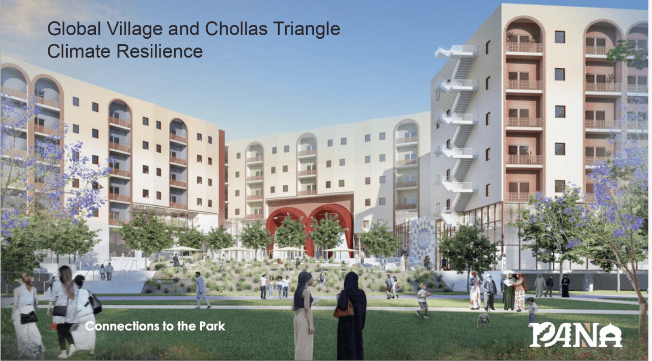 Rendering of Global Village: The Refugee & Immigrant Cultural Hub which will include 167 units of larger affordable housing, transitional housing for migrants and asylum seekers, a market for small business incubation, a community convening space, emergency services, and a nonprofit hub offering child care and other wrap-around services.