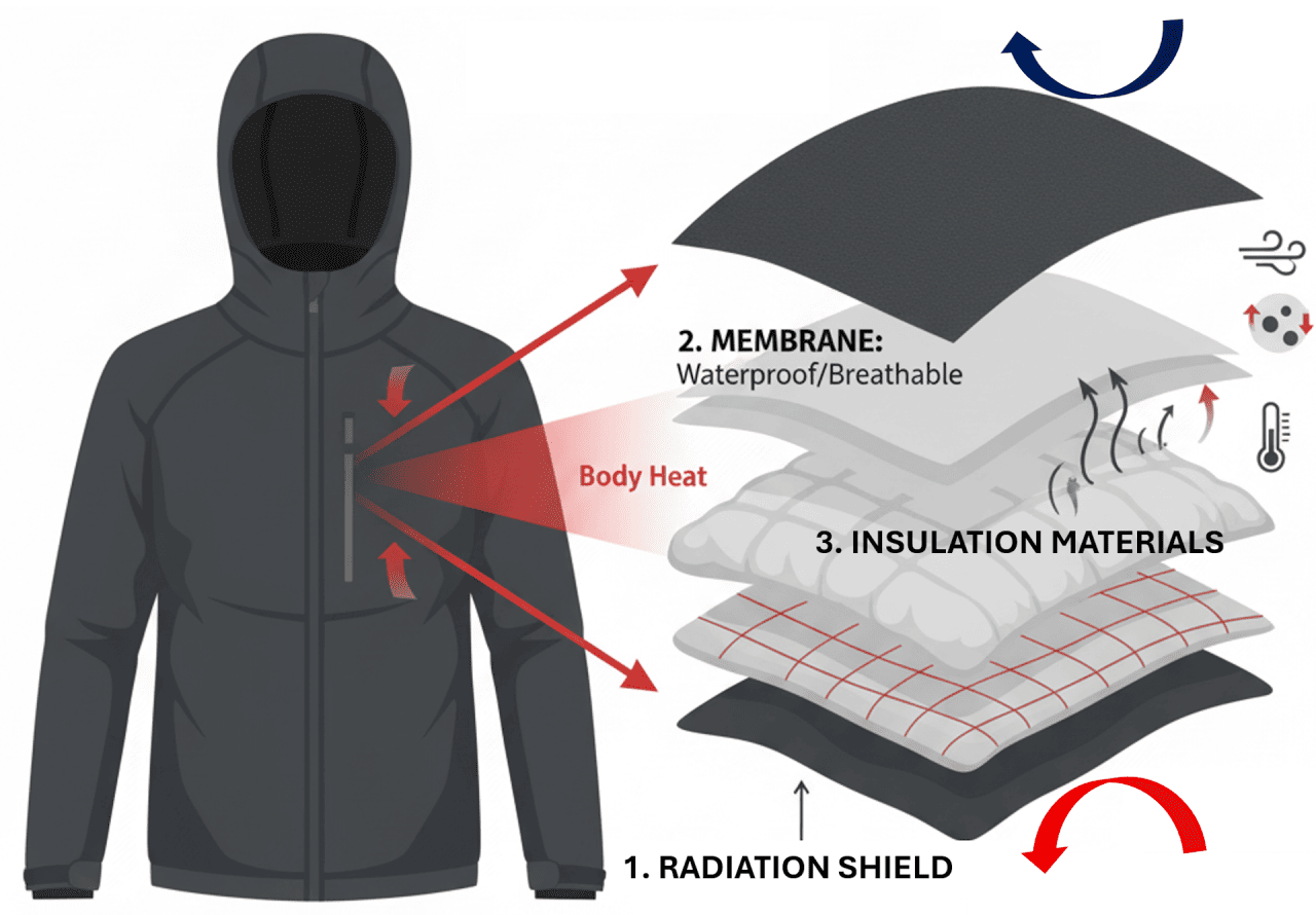 Illustration showing how modern jackets manage heat: a typical insulated shell with layers that trap air, block wind, and reflect infrared heat without adding bulk.