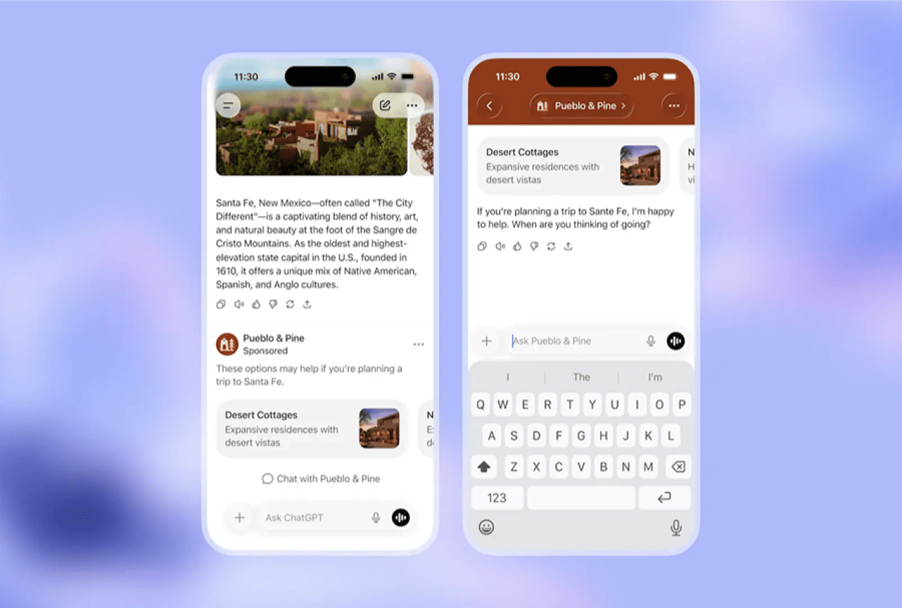 An illustration showing examples of where and how ChatGPT ads appear.