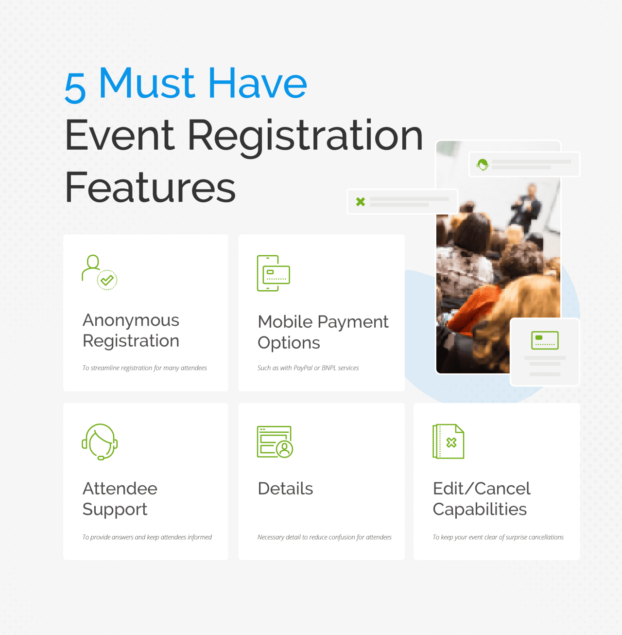 An infographic listing five must have event registration features.