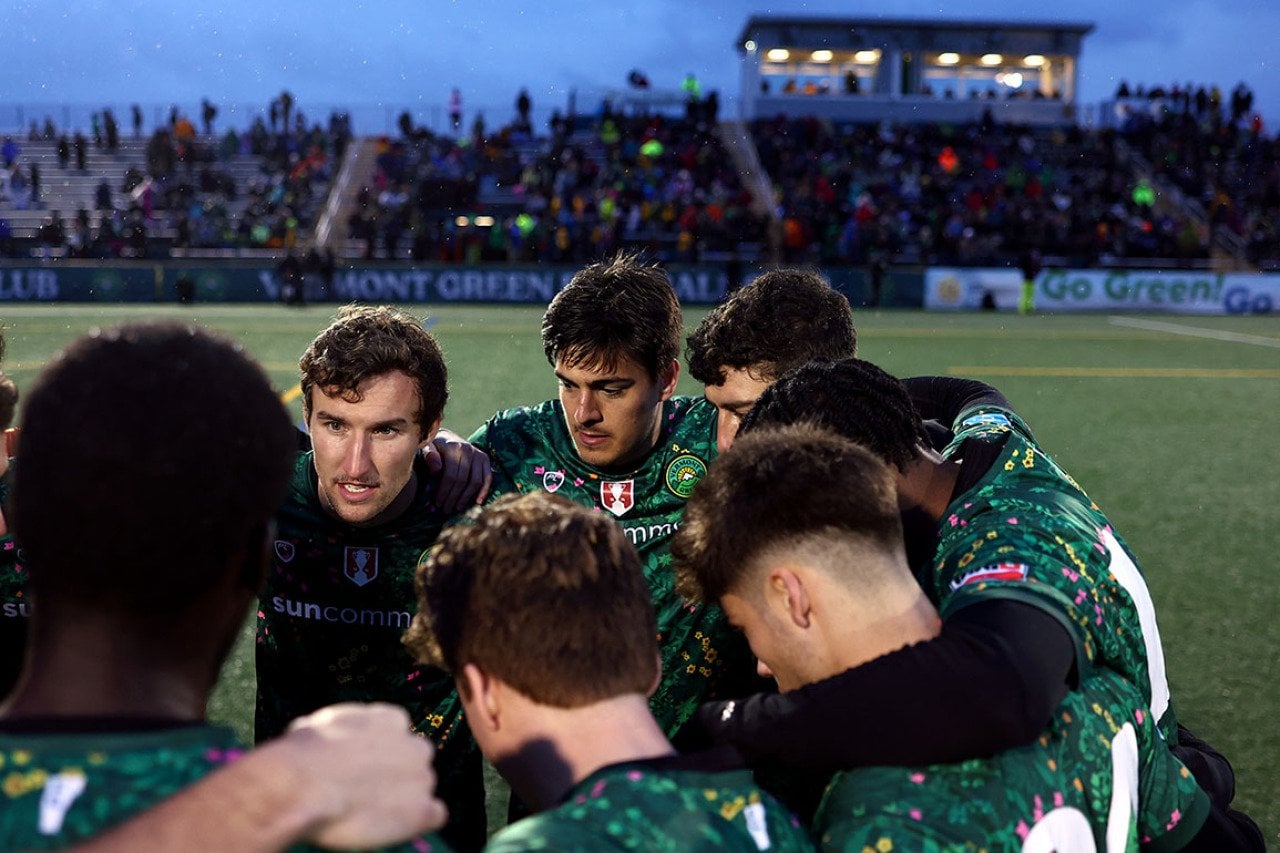 Nick Lockermann #10 of Vermont Green FC huddles with his team before the Second Round of the 2024 U.S. Open Cup match against the Lexington FC at Virtue Field on April 03, 2024 in Burlington, Vermont.