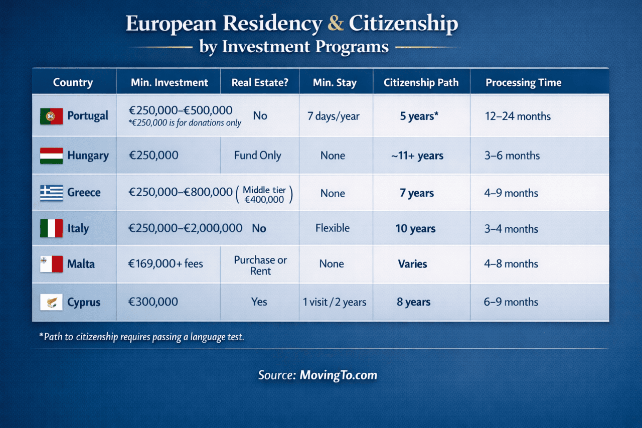 Overview table indicating data on European residency and citizenship by investment programs.