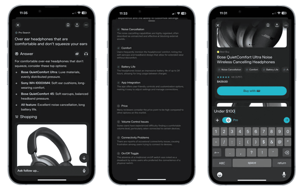 Perplexity's app interface showing its in-chat shopping feature.