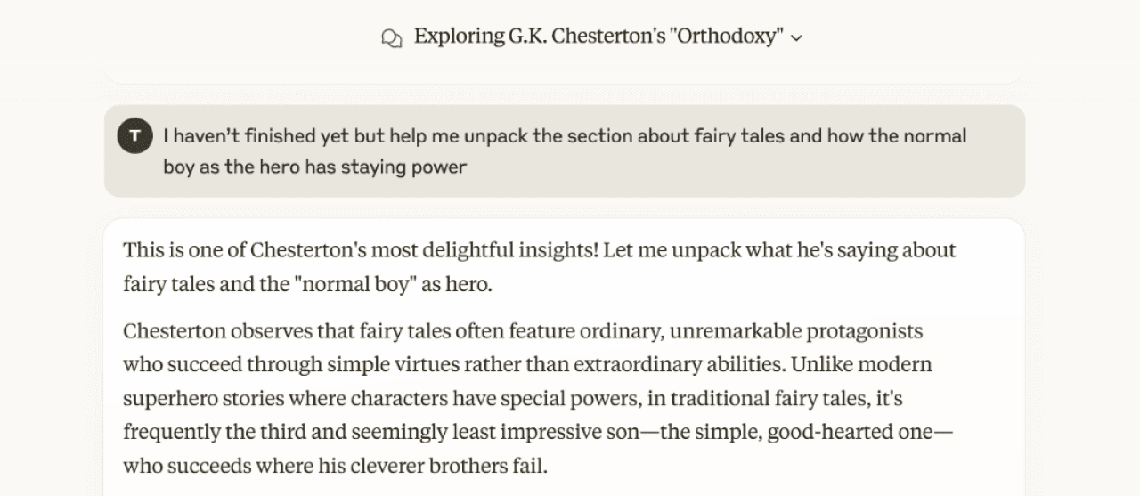 A screenshot example of an AI prompt and result displaying a conversational exchange.