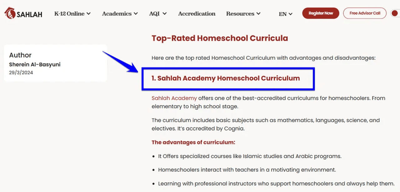 A screenshot showing a homeschool curriculum provider.