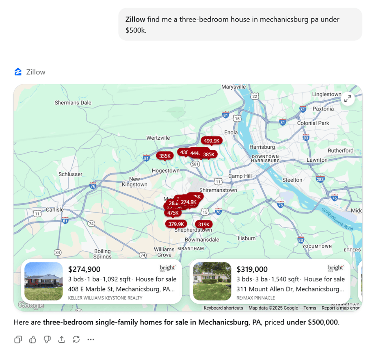 An example of AI conversation prompt to find a three-bedroom house under $500K.