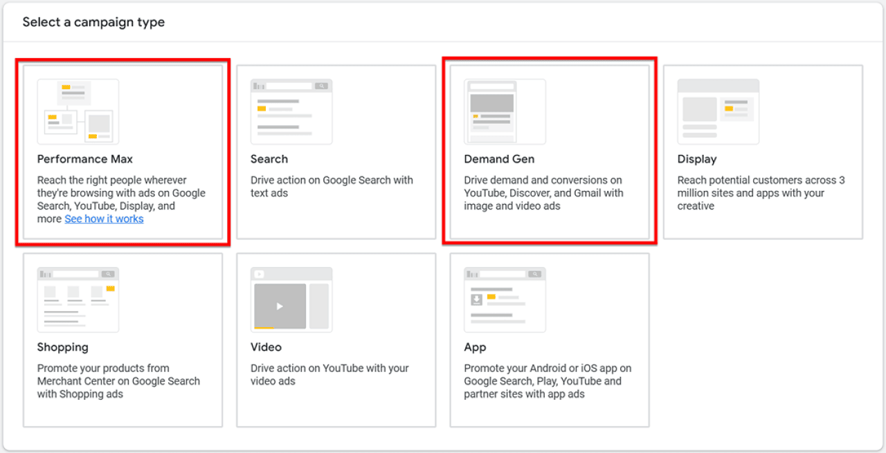 Example of a selection of AI-powered campaign types.