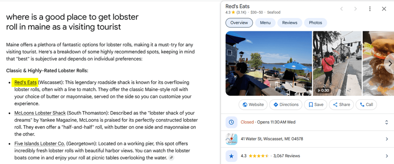 A screenshot showing Red's Eat's business profile and details on Google.