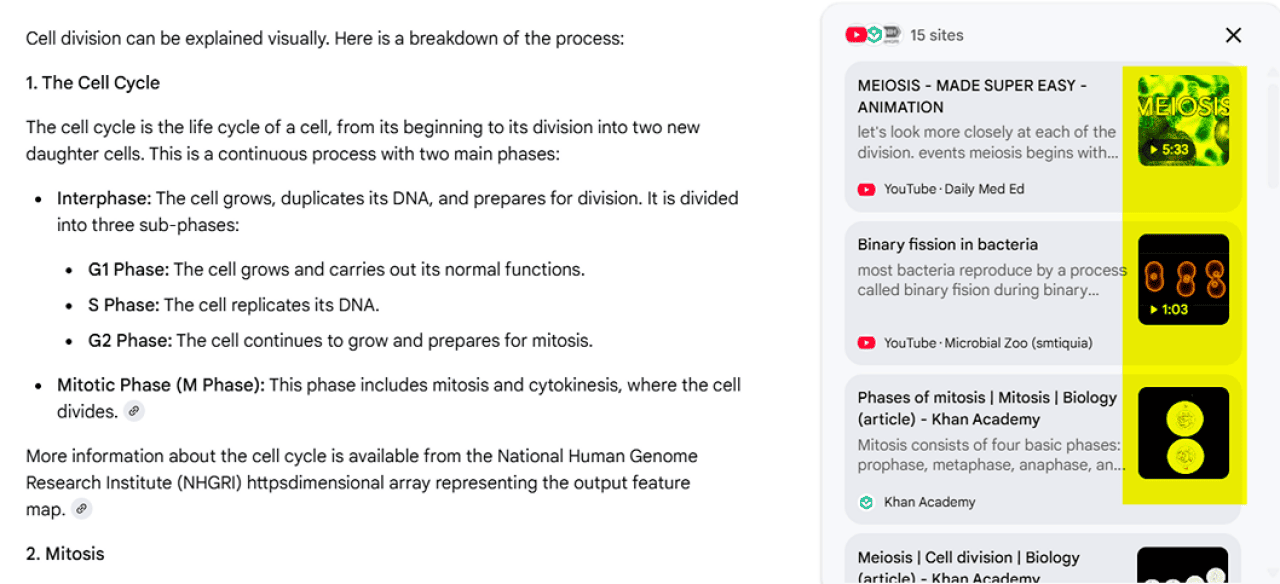 A screenshot of a cells cycles' text results and video previews on Google.