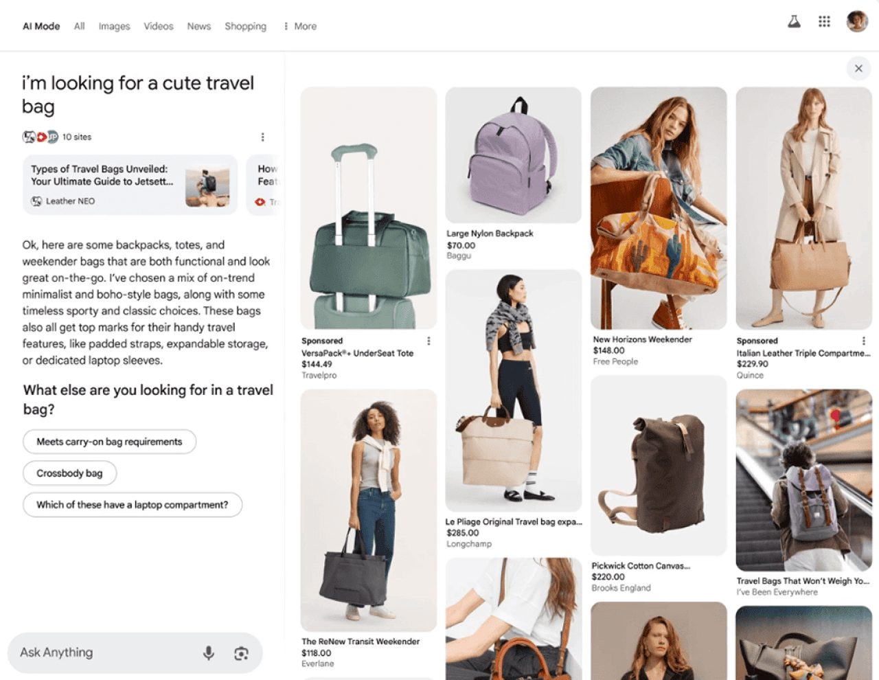 A screenshot of a travel bag's product overview and price listings from different sources on Google.