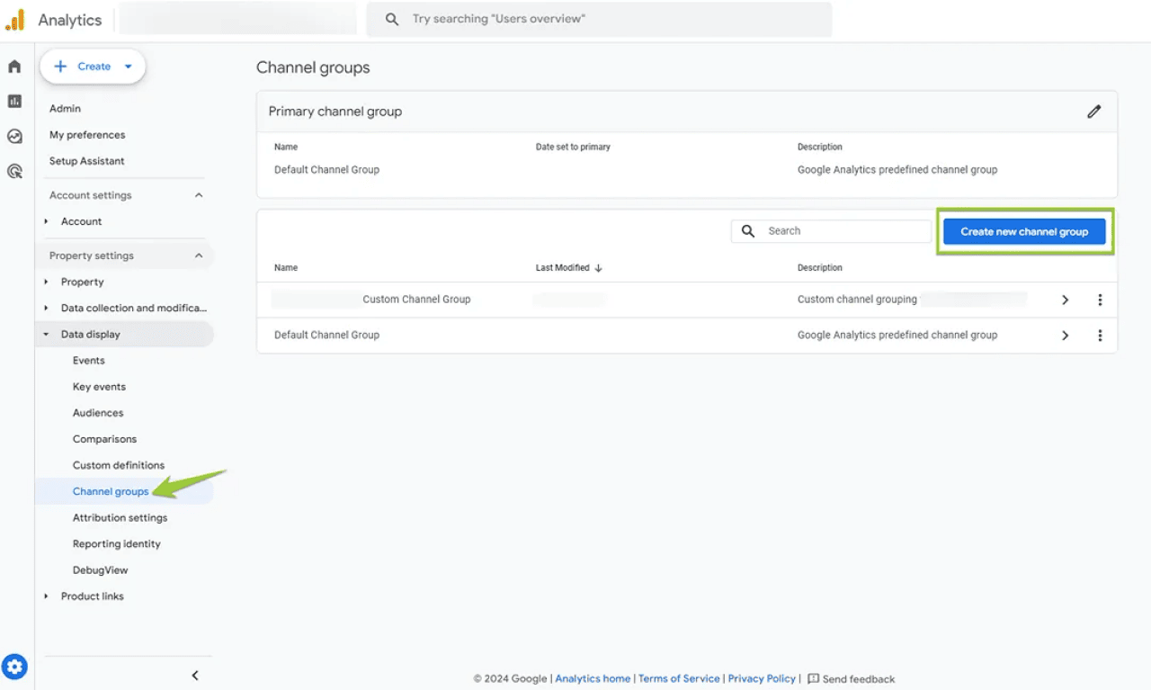 A screenshot of creating a Generative AI channel group in GA4.