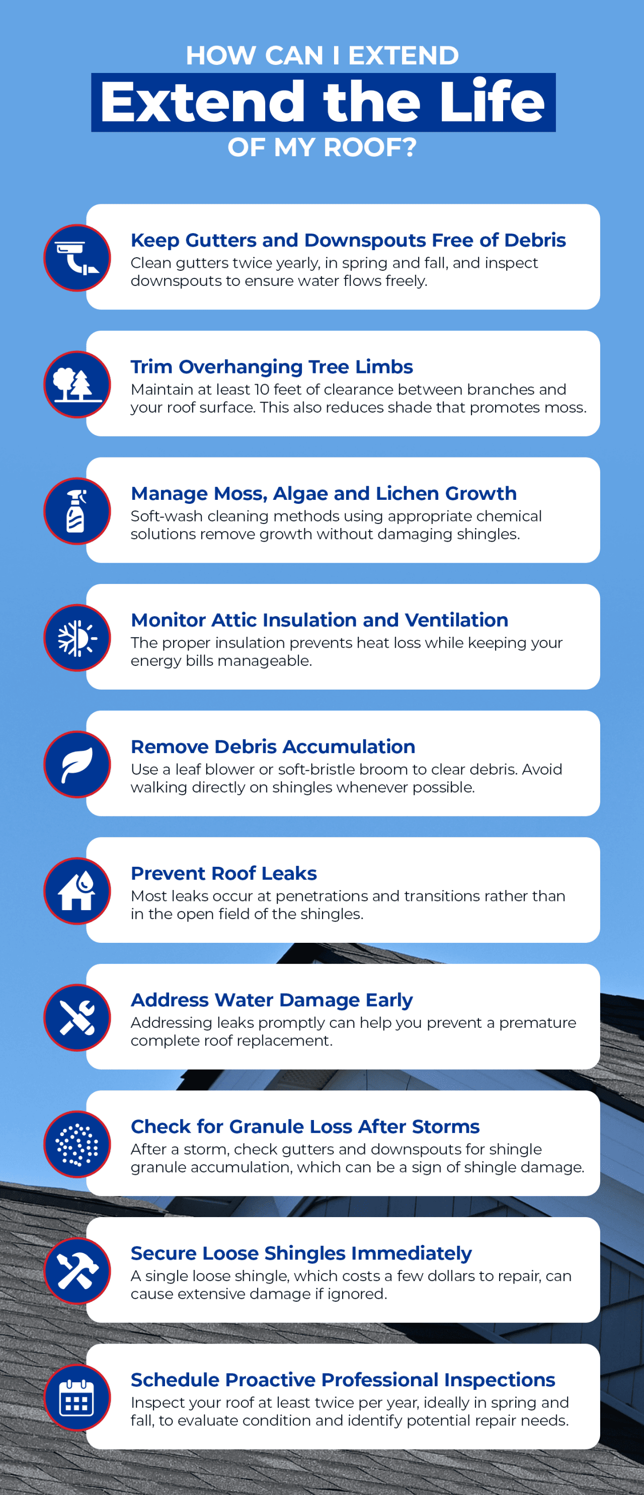 An infographic listing the ways to extend the life of a roof.