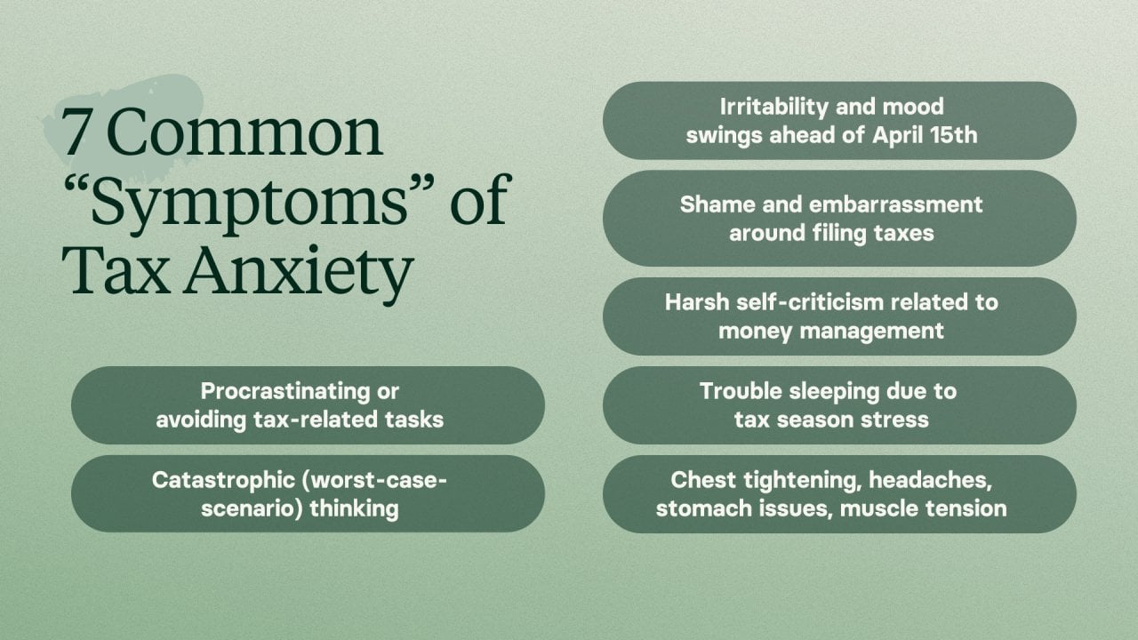 A graphic listing the 7 common symptoms of tax anxiety.