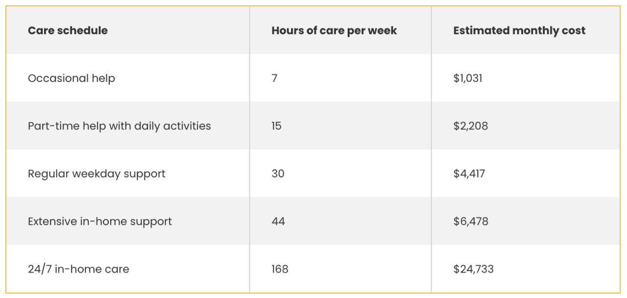 A table listing care schedules showing hours of care per week and estimated monthly costs.