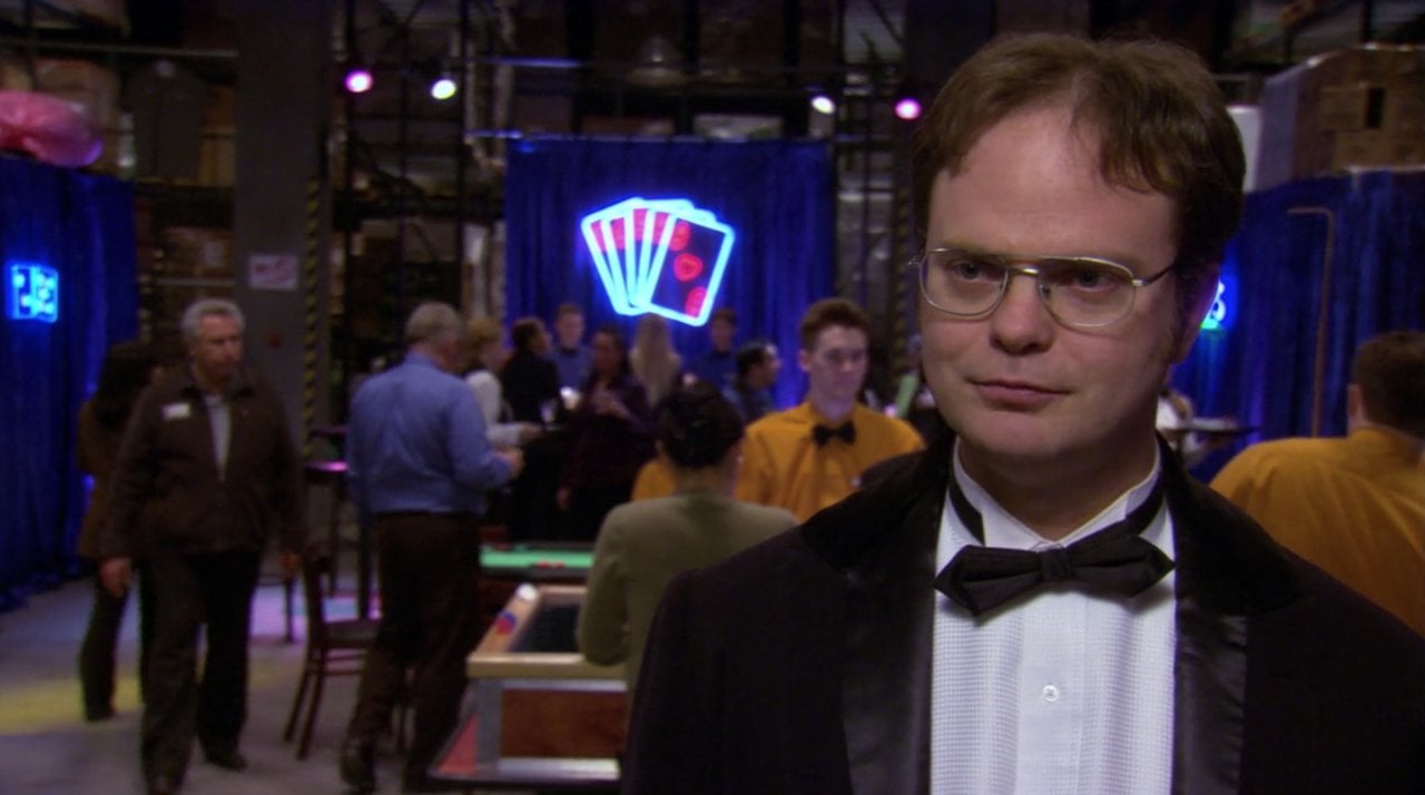Dwight in a tuxedo in the Casino episode of The Office