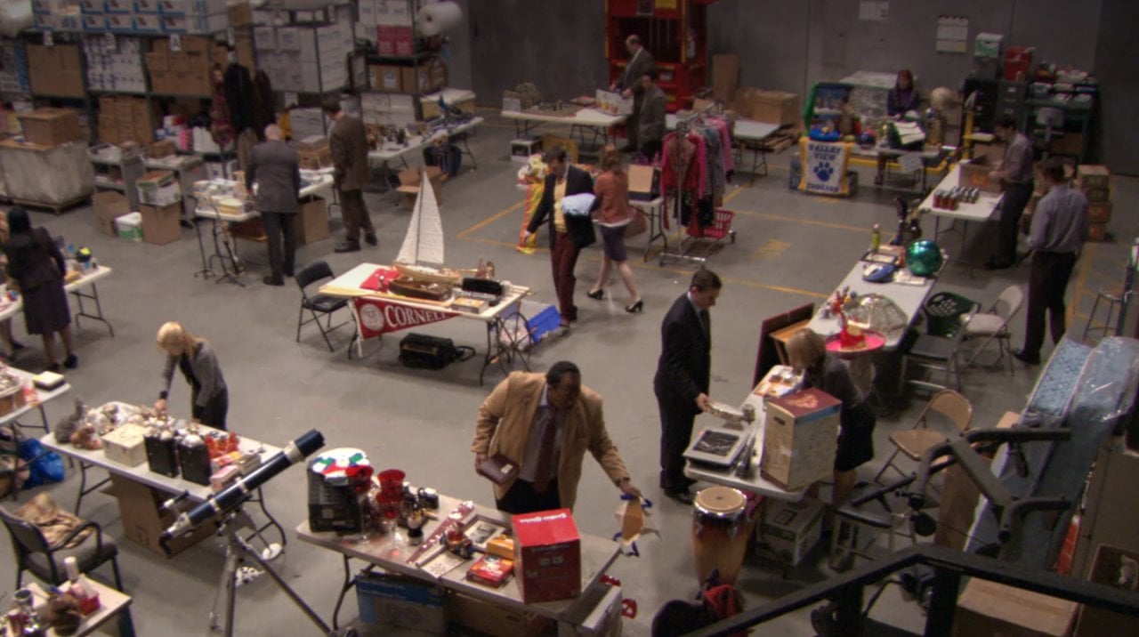 Overhead shot of the Warehouse during the garage sale on The Office
