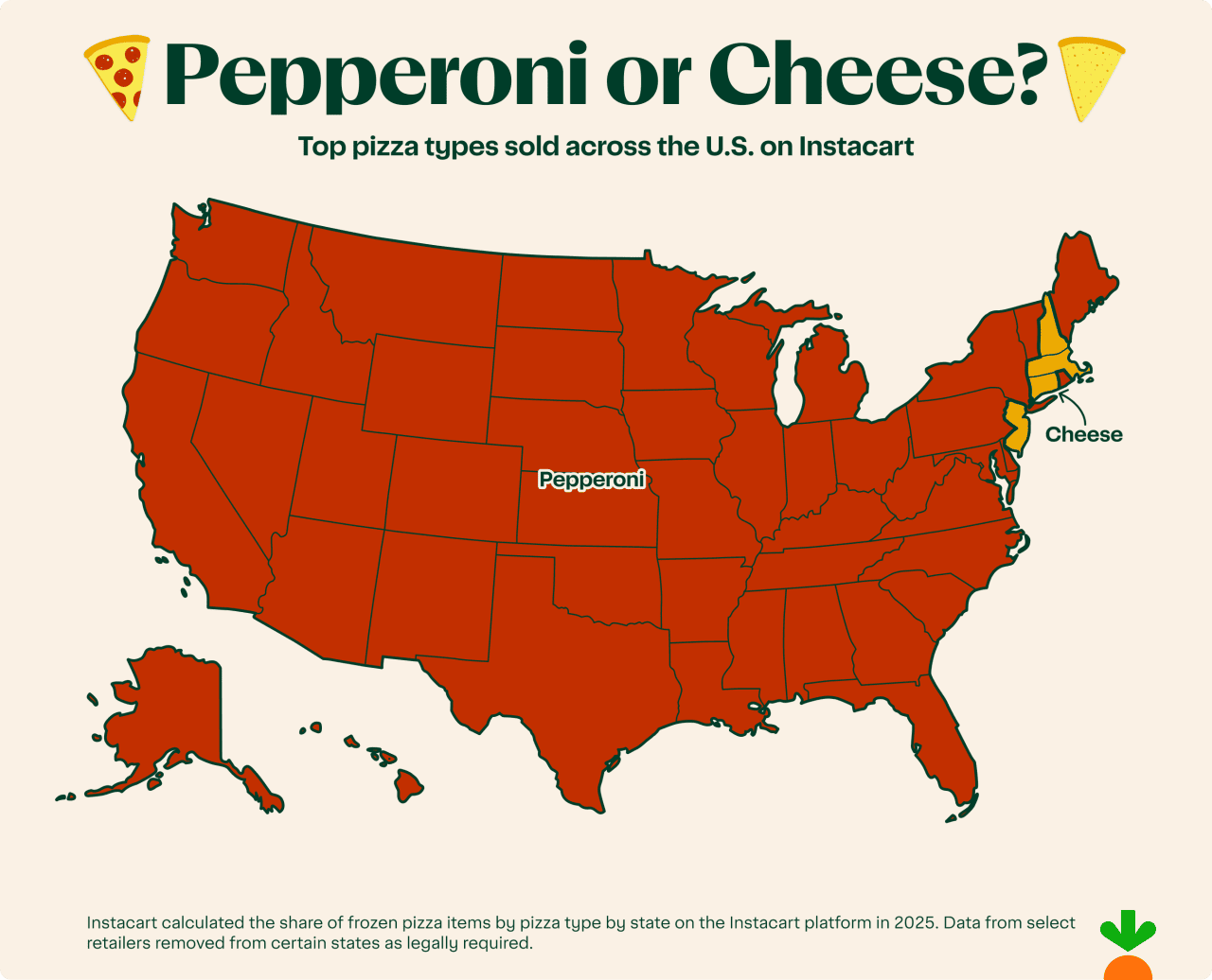 A data map showing which top pizza types are sold across the U.S. on Instacart.