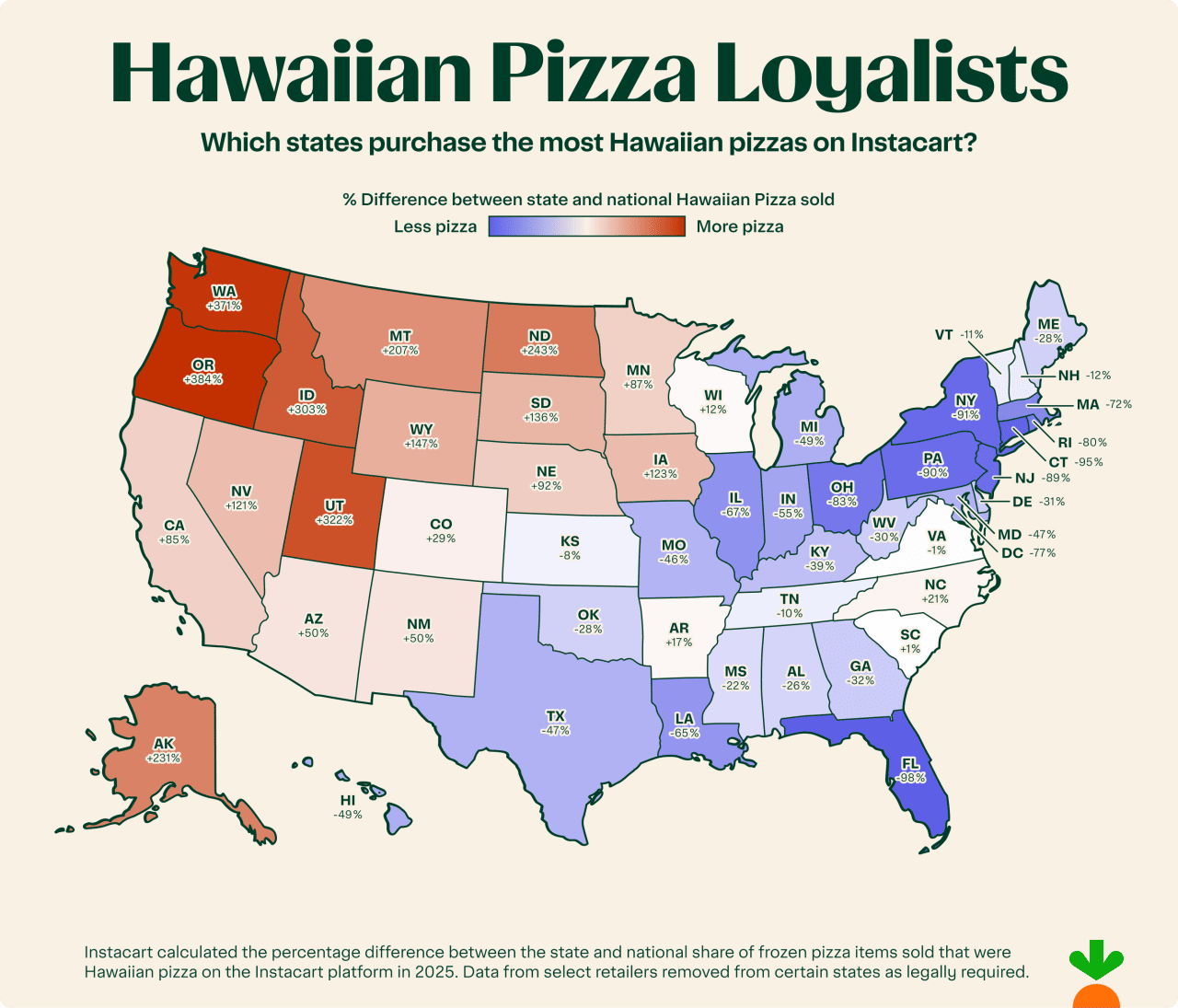 A data map showing which states purchase the most Hawaiian pizzas on Instacart.
