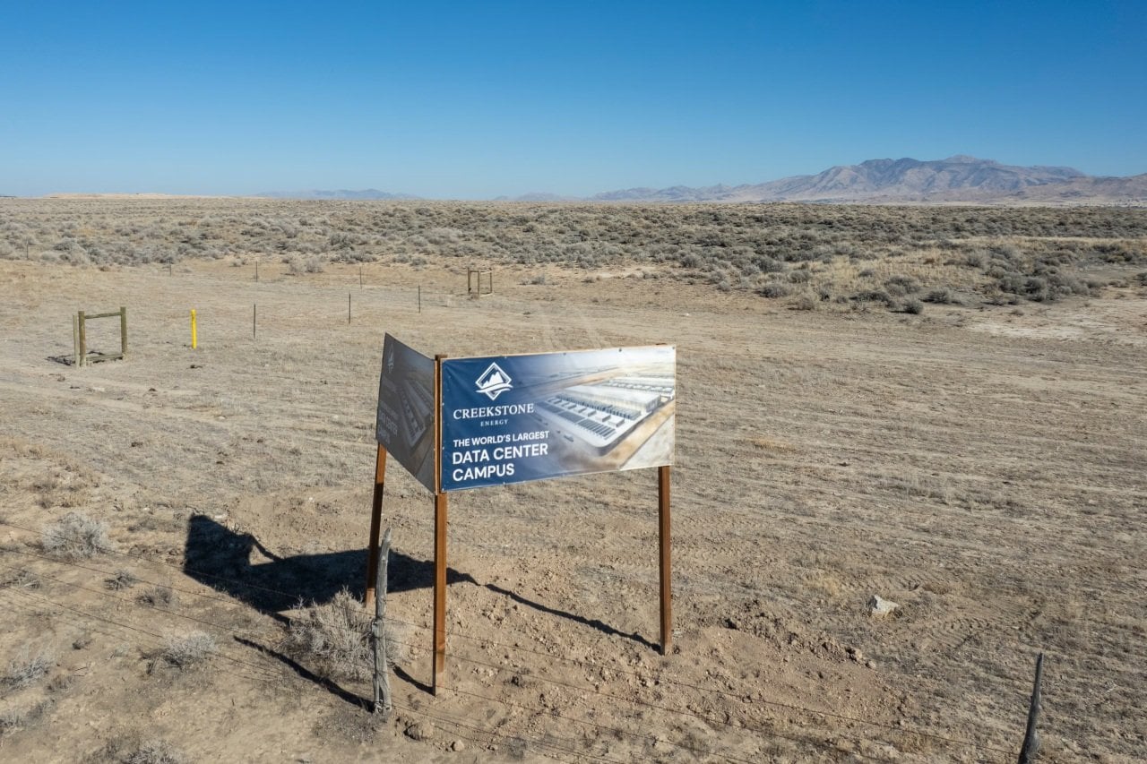 A sign marks the site for the Creekstone Energy Data Center Campus which is currently just a dirt lot, on Thursday, Feb. 5, 2026.