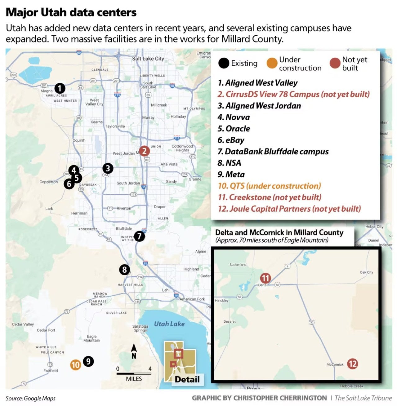 Map showing where Utah has added new data centers and where two new ones will be built in Millard County.