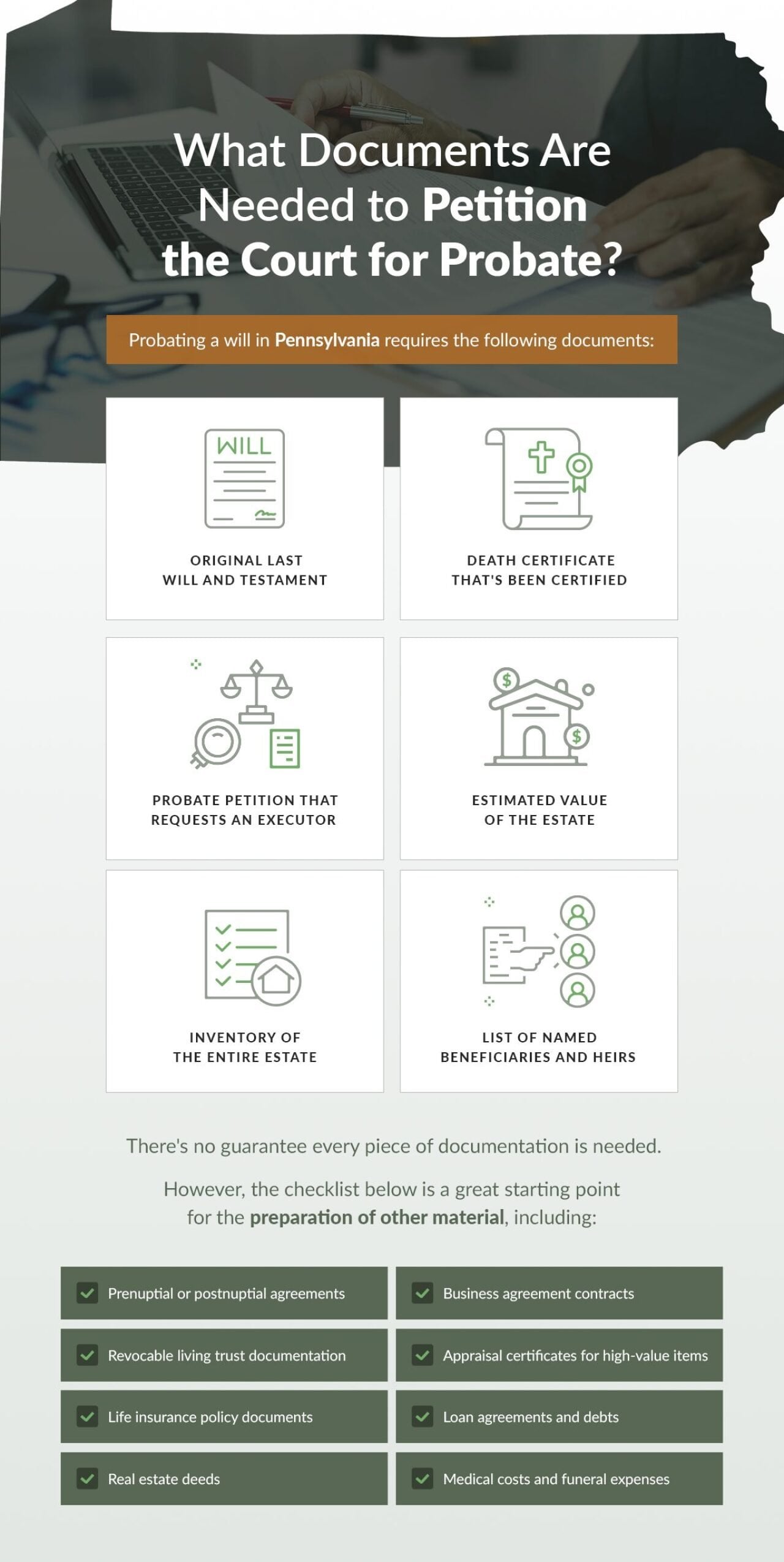 An infographic showing the different documents needed to petition the court for probate.